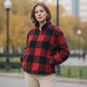 Unisex Red/Black Buffalo Plaid Sherpa Half Zip Pullover